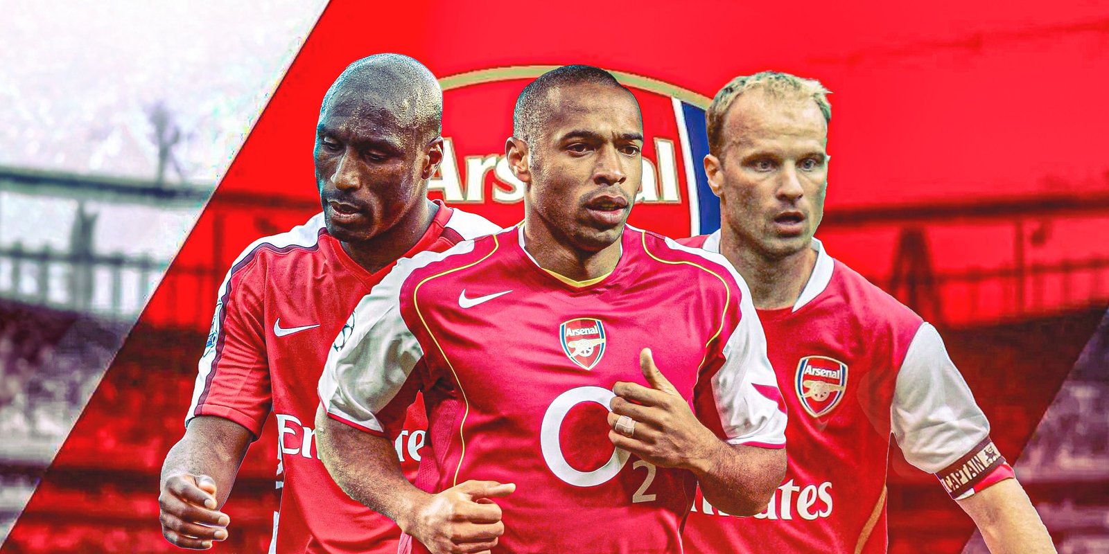 Thierry Henry in middle, with Sol Campbell and Dennis Bergkamp all in Arsenal kit the Arsenal theme