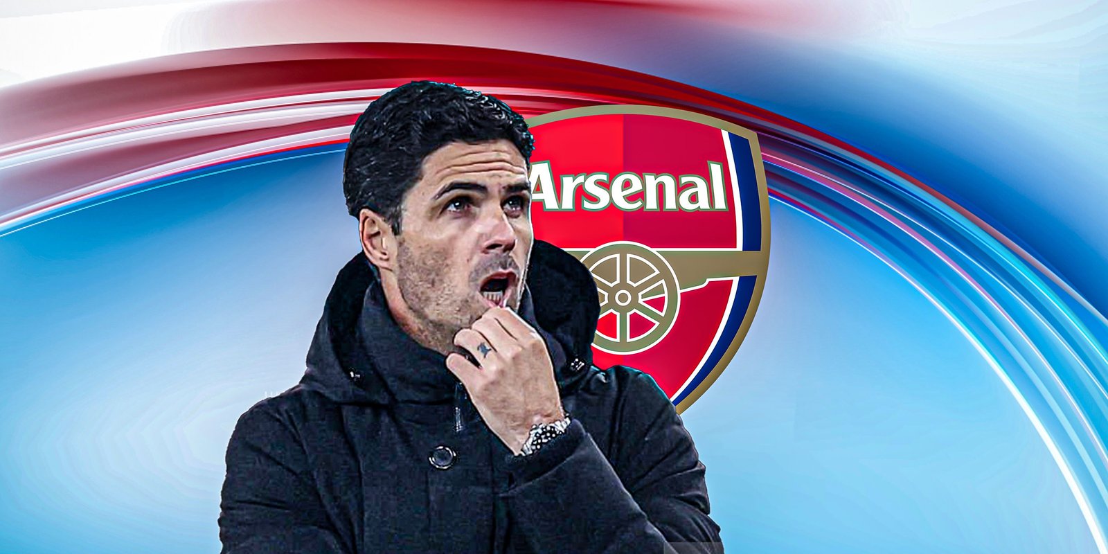 Mikel Arteta thinking, with Arsenal theme