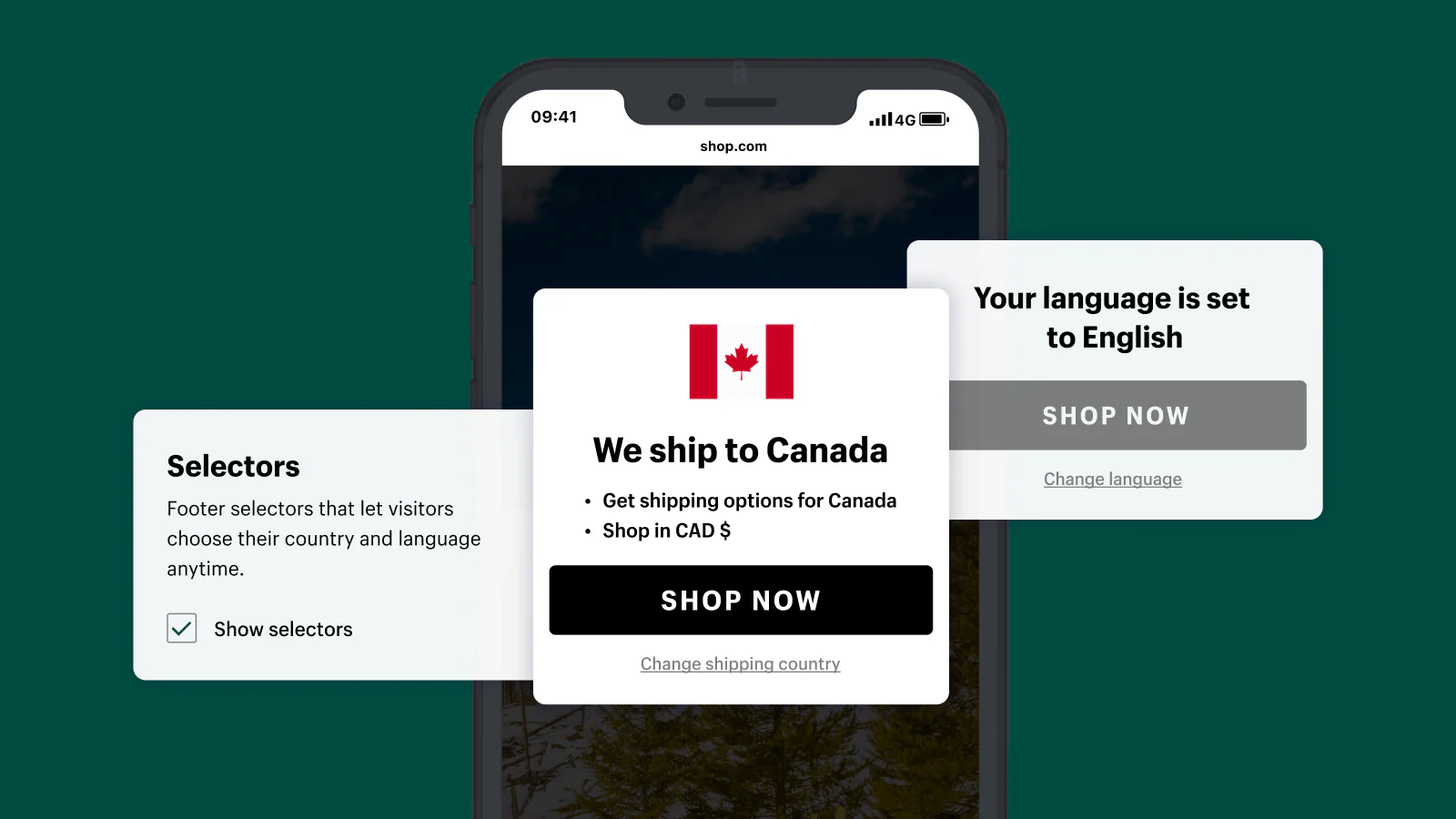 Mobile pop-ups direct an online shopper to visit a Canadian subdomain formatted in English.