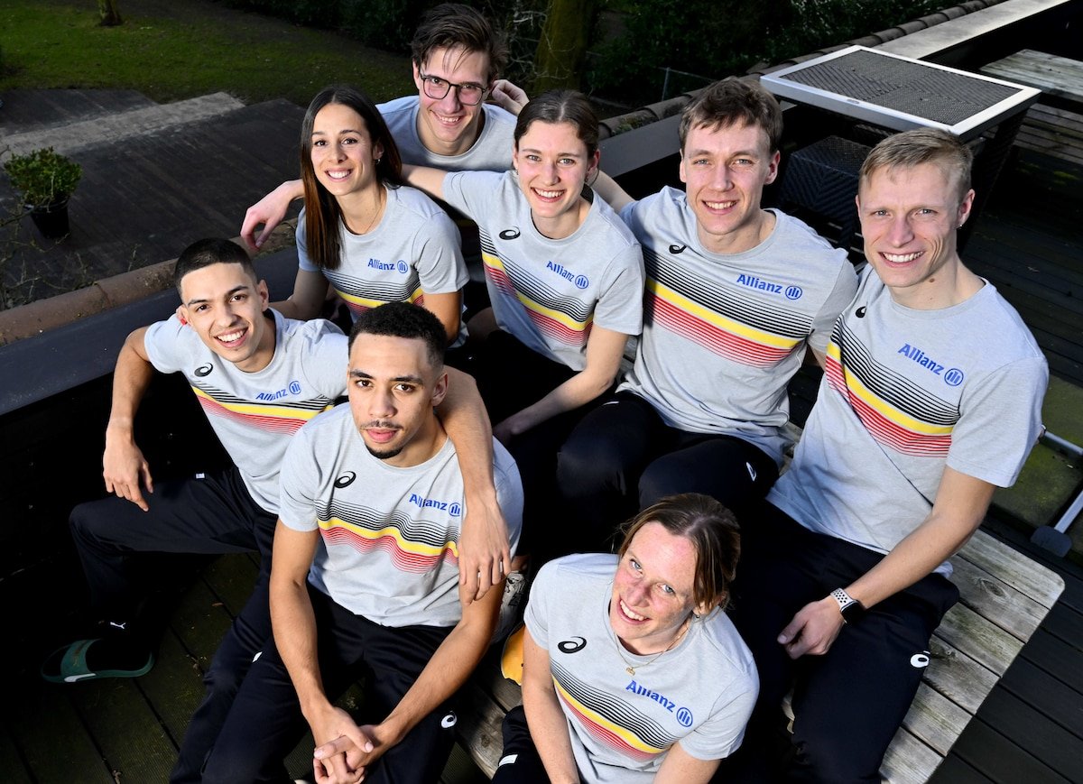 Belgian Christian Iguacel, Belgian Helena Ponette, Belgian Julien Watrin, Belgian Florent Mabille, Belgian Jonathan Sacoor, Belgian Daniel Segers and Belgian Imke Vervaet pose for the photographer during a press conference ahead of the European Athletics Indoor Championships, in Apeldoorn, The Netherlands, Wednesday 05 March 2025. The championships take place from 6 to 9 March. BELGA PHOTO ERIC LALMAND