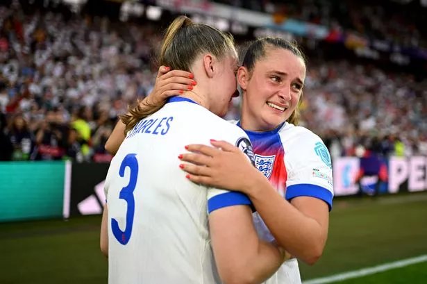 BASEL, SWITZERLAND - JULY 27: Niamh Charles and Ella Toone of England react after winning the UEFA Women's EURO 2025 Final match between England and Spain at St. Jakob-Park on July 27, 2025 in Basel, Switzerland. (Photo by Harriet Lander - The FA/The FA via Getty Images)
