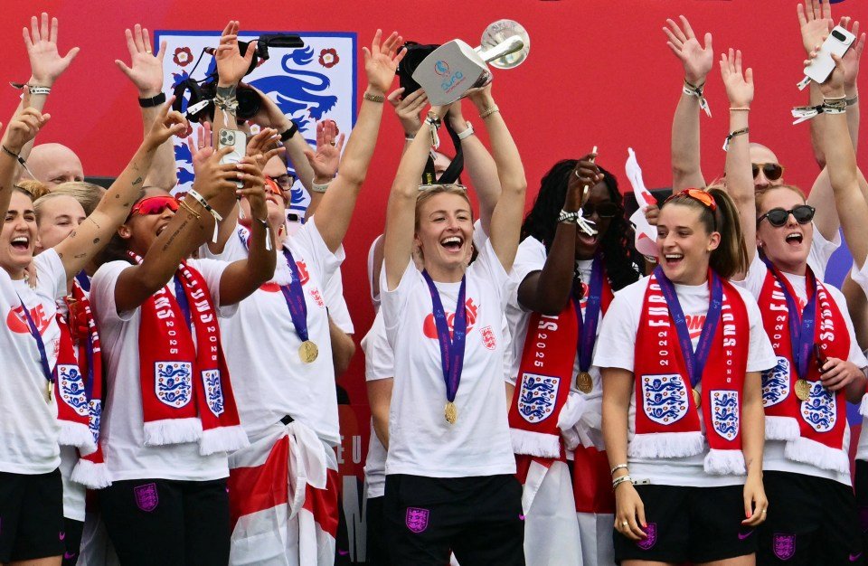 England's women's football team celebrating their Euro 2025 victory, holding the trophy.