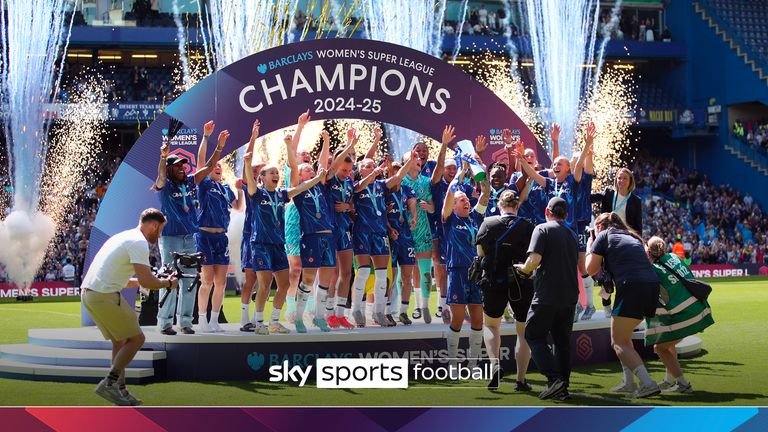 Chelsea�s Millie Bright lifts the Barclays Women's Super League trophy with team mates during the Barclays Women's Super League match at Stamford Bridge, London. Picture date: Saturday May 10, 2025.
