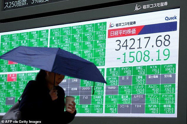 JAPAN - A woman walks past a display showing the Nikkei Stock Average in Tokyo today
