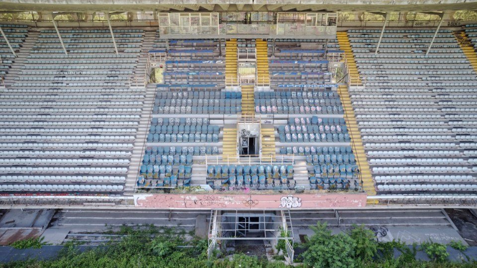 An aerial view is showing Flaminio Stadium in Rome, Italy. Flaminio Stadium is featuring two projects in the Campidoglio, including one by Lazio. The abandonment of Flaminio Stadium, now destroyed by weeds and vandalism, is about to end (Photo by Massimo Valicchia/NurPhoto via Getty Images).