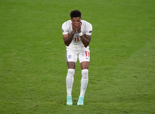 Marcus Rashford of England misses a penalty in the shoot out at the UEFA Euro 2020 Championship Final between Italy and England at Wembley Stadium