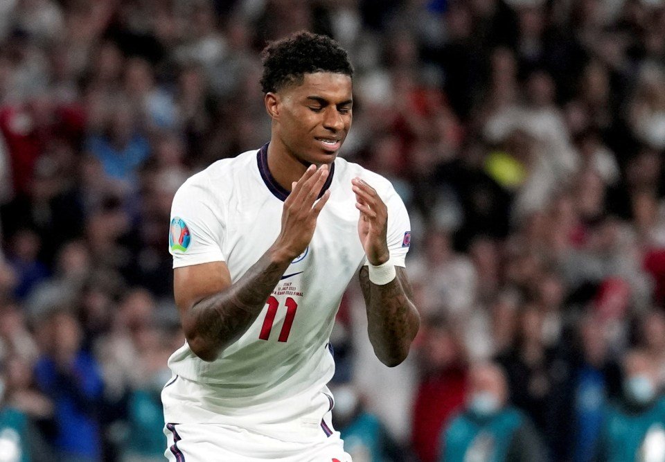 England's Marcus Rashford looks dejected after missing a penalty.