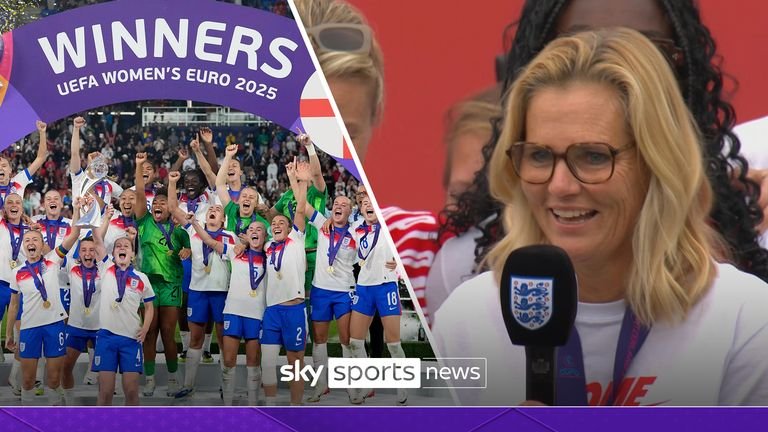 Sarina Weigman joins Alex Scott on stage during England's 2025 Euro victory parade as the head coach expressed what it meant to her to help national team to their second European title. 