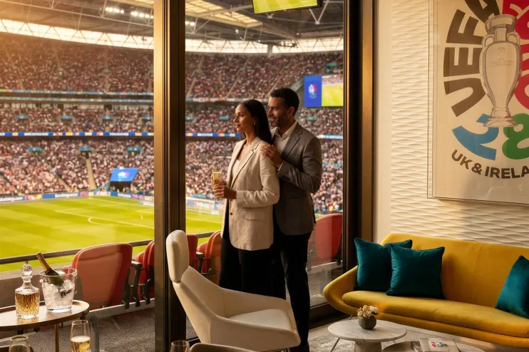Couple in a luxury stadium suite enjoying a soccer match, with food, drinks, and a UEFA poster.